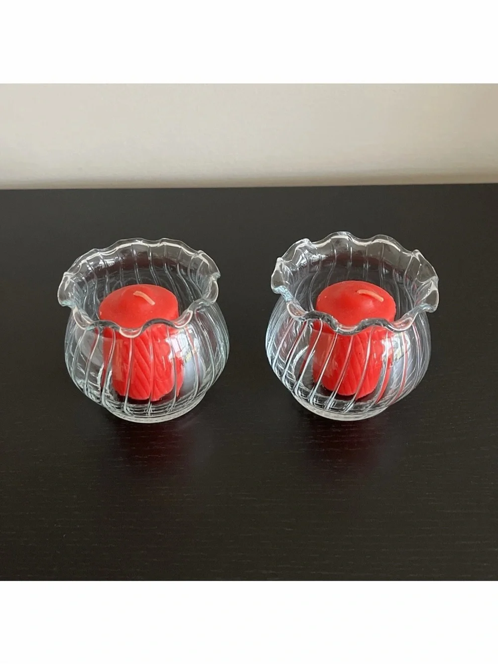 Vintage Glass Candle Holders Vases Tea Lights Red Votives Ribbed Ruffled MCM 2pc